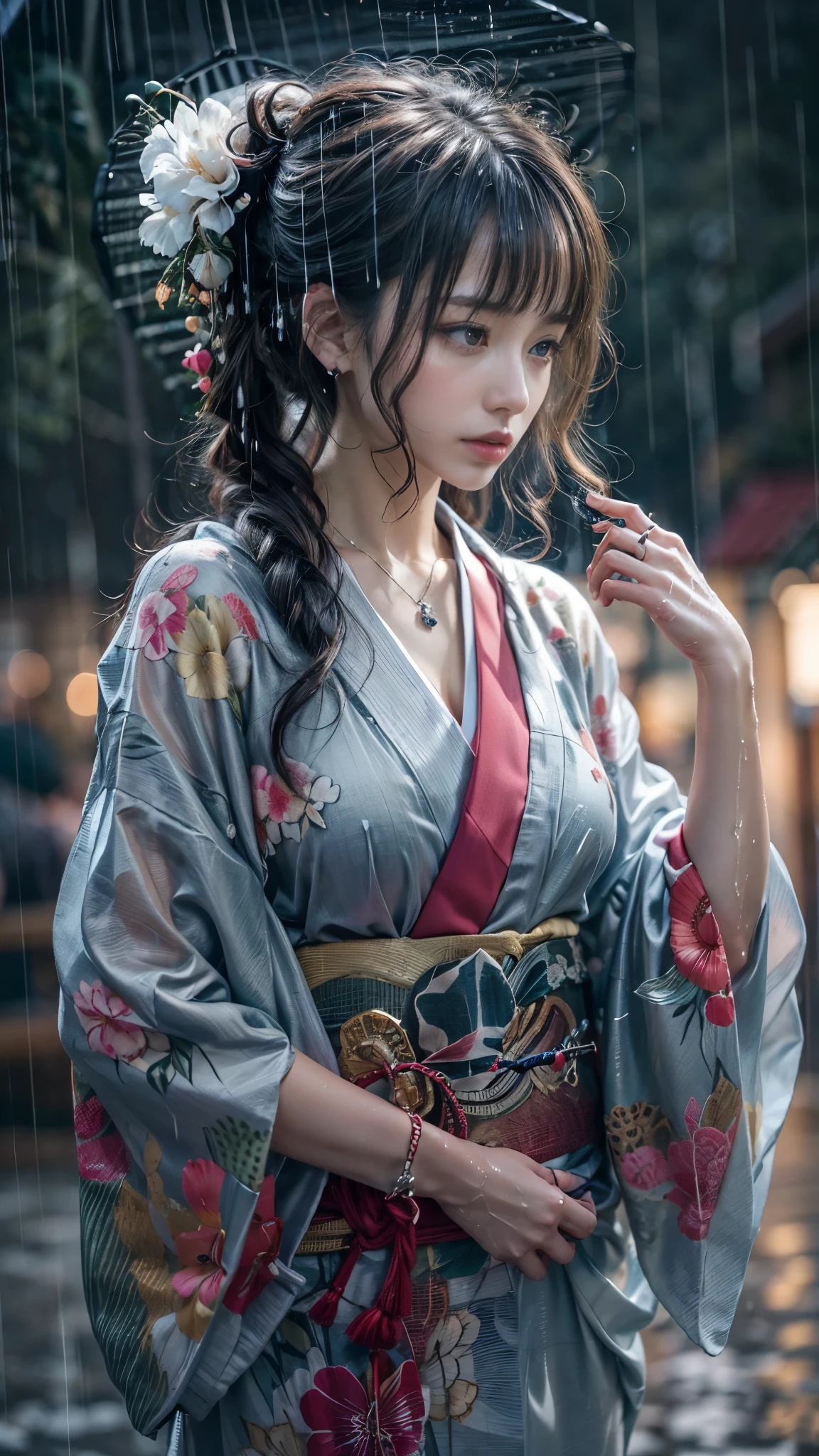 (RAW shooting:1.5, Photoreal, 8K, highest quality, masterpiece, ultra high resolution), ((Summer Night Rain)), perfect dynamic composition:1.2, (In front of a shrine at night in a modern city, expression of sadness:0.9, Tears are flowing:0.9, cry with a broken heart:0.9), Highly detailed skin and facial textures:1.2, Slim office lady wet in the rain:1.3, cowboy shot, Fair skin:1.2, sexy beauty:1.1, perfect style:1.2, beautiful and aesthetic:1.1, very beautiful face:1.2, water droplets on the skin, (rain drips all over my body:1.2, wet body:1.2, wet hair:1.3), (Professional kimono dressing:1.1, With a wet bouquet in hand:1.2, The correct way to wear a wet silver yukata:1.35), (Medium chest, Bra is transparent, Chest gap), (Big eyes that exude beautiful eroticism:0.8, adult charm:0.8, Bewitching:0.8), necklace, earrings, bracelet