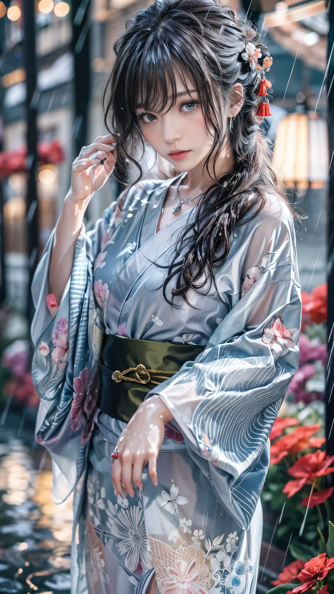 (RAW shooting:1.5, Photoreal, 8K, highest quality, masterpiece, ultra high resolution), ((Summer Night Rain)), perfect dynamic composition:1.2, (In front of a shrine at night in a modern city, expression of sadness:0.9, Tears are flowing:0.9, cry with a broken heart:0.9), Highly detailed skin and facial textures:1.2, Slim office lady wet in the rain:1.3, cowboy shot, Fair skin:1.2, sexy beauty:1.1, perfect style:1.2, beautiful and aesthetic:1.1, very beautiful face:1.2, water droplets on the skin, (rain drips all over my body:1.2, wet body:1.2, wet hair:1.3), (Professional kimono dressing:1.1, With a wet bouquet in hand:1.2, The correct way to wear a wet silver yukata:1.35), (Medium chest, Bra is sheer, Chest gap), (Big eyes that exude beautiful eroticism:0.8, adult charm:0.8, Bewitching:0.8), necklace, earrings, bracelet