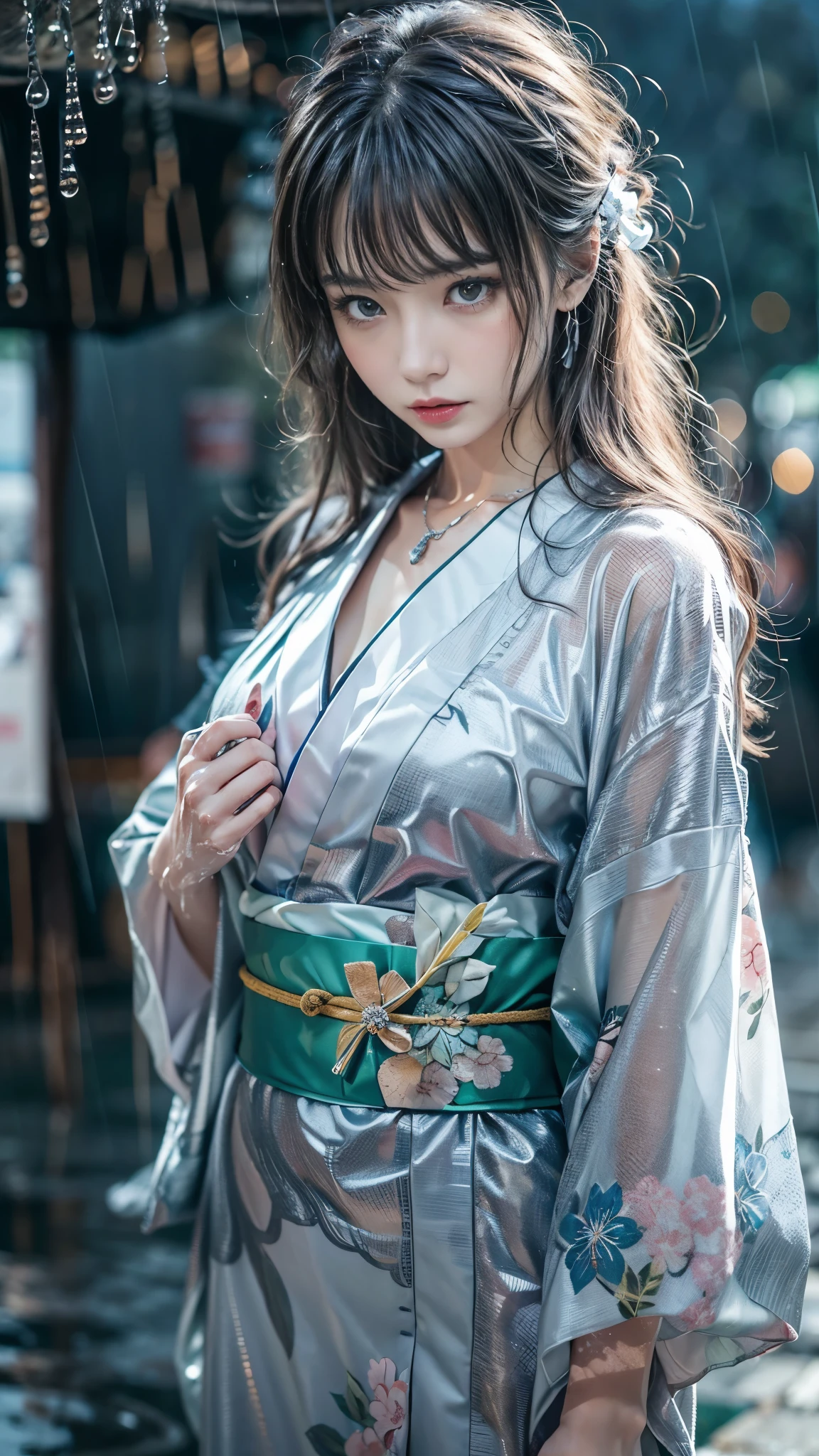 (RAW shooting:1.5, Photoreal, 8K, highest quality, masterpiece, ultra high resolution), ((Summer Night Rain)), perfect dynamic composition:1.2, (In front of a shrine at night in a modern city, expression of sadness:0.9, Tears are flowing:0.9, cry with a broken heart:0.9), Highly detailed skin and facial textures:1.2, Slim office lady wet in the rain:1.3, cowboy shot, Fair skin:1.2, sexy beauty:1.1, perfect style:1.2, beautiful and aesthetic:1.1, very beautiful face:1.2, water droplets on the skin, (rain drips all over my body:1.2, wet body:1.2, wet hair:1.3), (Professional kimono dressing:1.1, With a wet bouquet in hand:1.2, The correct way to wear a wet silver yukata:1.35), (Medium chest, Bra is transparent, Chest gap), (Big eyes that exude beautiful eroticism:0.8, adult charm:0.8, Bewitching:0.8), necklace, earrings, bracelet