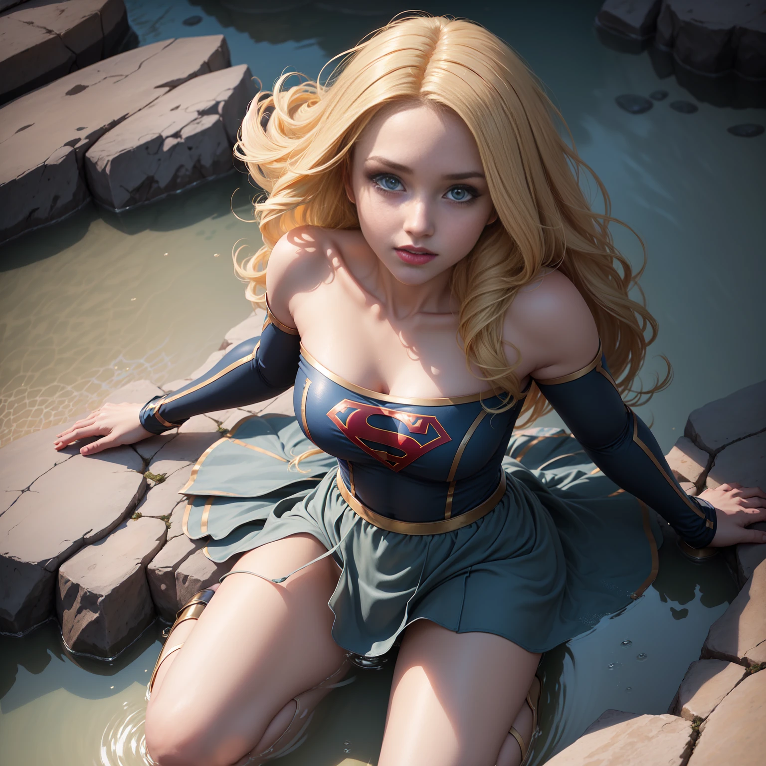 Supergirl, olhos azuis, blonde hair, Cabelos Longos, (blonde girl:1.5), dentro de um lago, banhos noturnos, (Realistic:1.2), Partially underwater shooting, (Realismo:1.2), (master part:1.2), (best quality), (Ultra Detalhado), (8k, intrincado), (85 millimeters), light particles, The lighting, (altamente detalhado:1.2), (rosto detalhado:1.5), (Gradientes), SFW, Colouring, (olhos detalhados:1.5), (Antecedentes detalhados), (Dynamic angle:1.2), (dynamic pose:1.2), (regra de terceiro_compositing:1.3), (action line:1.2), Arremesso longo, luz noturna, sozinho, pata de camelo, roupas muito apertadas detalhando os lindos seios e a bucetinha raspada.
