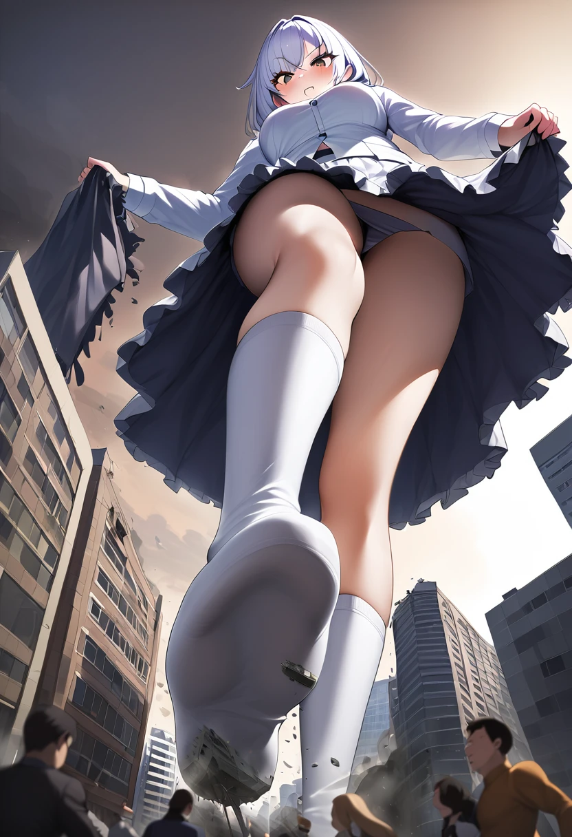 huge, girl,short skirt,teasing,A giant girl taller than a building,Wearing white knee socks,city-destroying,miniature city,lifting one's feet,Ready to stampede,Toyed around,low angle of view,shrouded in the villain,Lifted up the skirt,arrogant