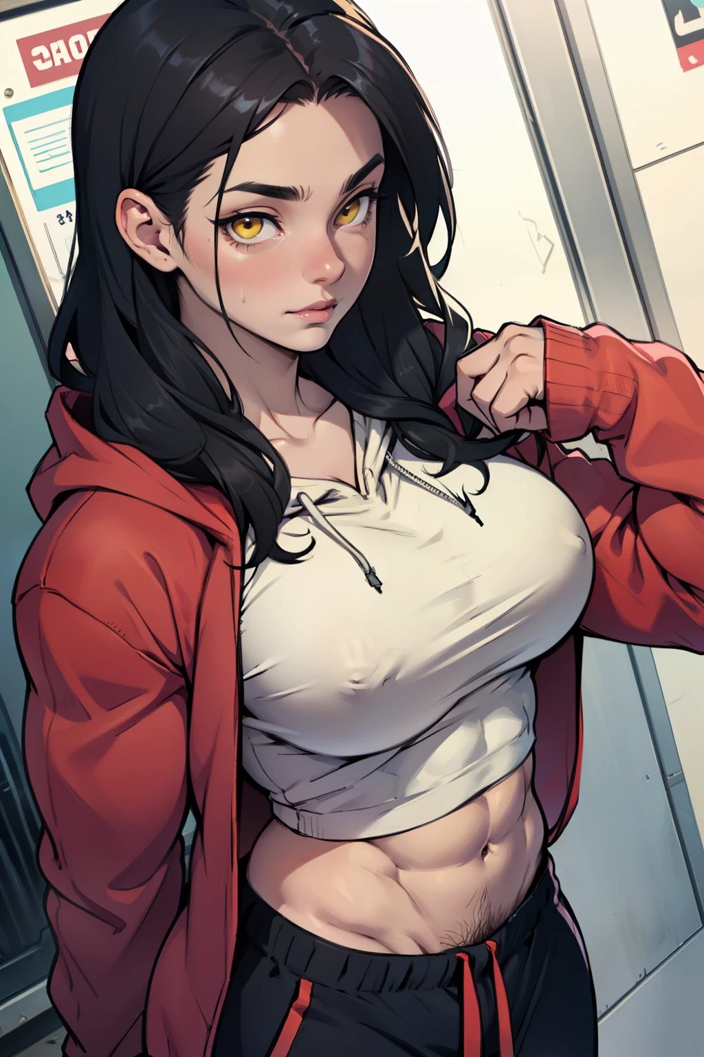 ((1girl bodybuilder)) pale skin black hair very long hair yellow eyes large breasts long hoodie sweatpants midriff close up