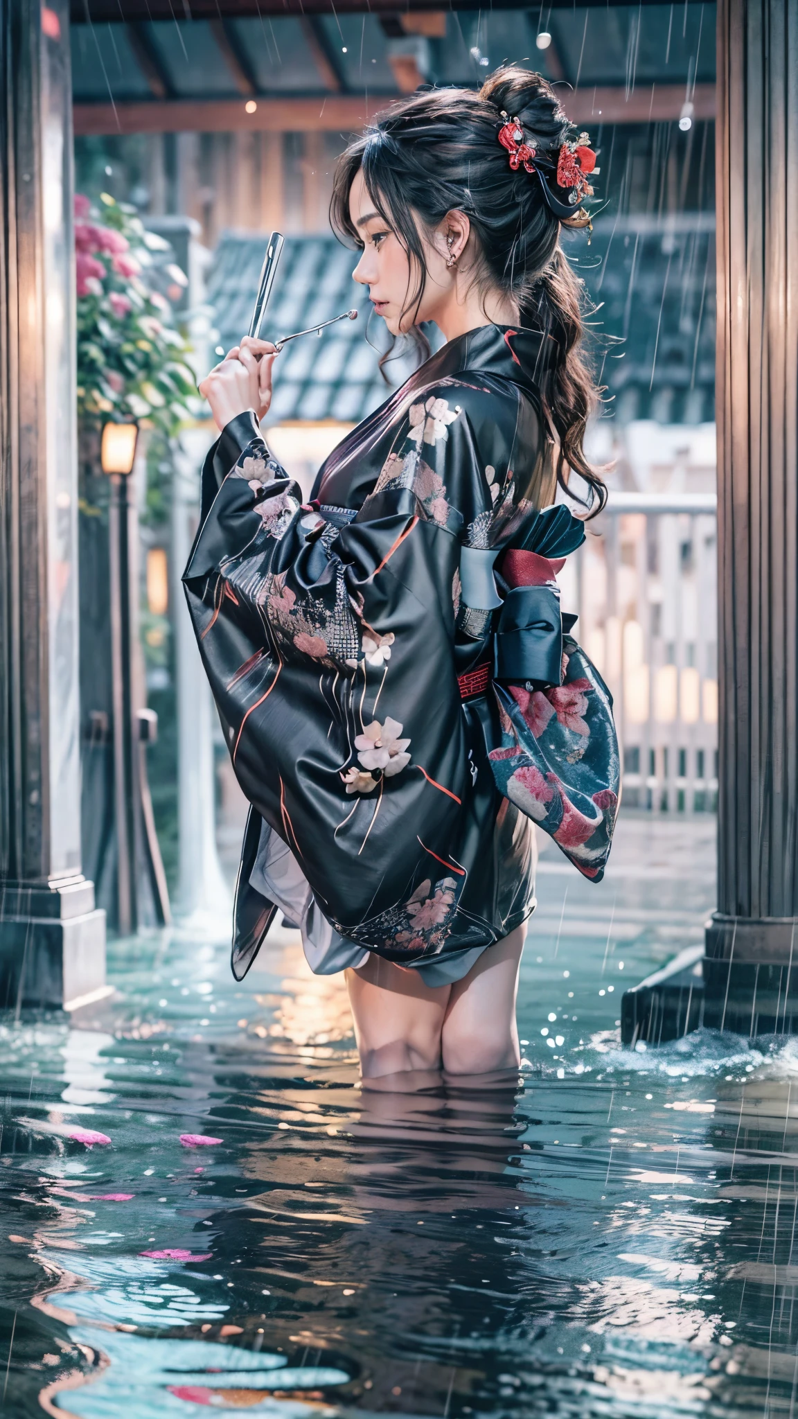 (RAW shooting:1.5, Photoreal, 8K, highest quality, masterpiece, ultra high resolution), ((Summer Night Rain)), perfect dynamic composition:1.2, (In front of a shrine at night in a modern city, expression of sadness:0.9, Tears are flowing:0.9, cry with a broken heart:0.9), Highly detailed skin and facial textures:1.2, Slim office lady wet in the rain:1.3, cowboy shot, Fair skin:1.2, sexy beauty:1.1, perfect style:1.2, beautiful and aesthetic:1.1, very beautiful face:1.2, water droplets on the skin, (rain drips all over my body:1.2, wet body:1.2, wet hair:1.3), (Professional kimono dressing:1.1, With a wet bouquet in hand:1.2, The correct way to wear a wet silver yukata:1.35), (Medium chest, Bra is transparent, Chest gap),  (Big eyes that exude beautiful eroticism:0.8, adult charm:0.8, Bewitching:0.8), necklace, earrings, bracelet