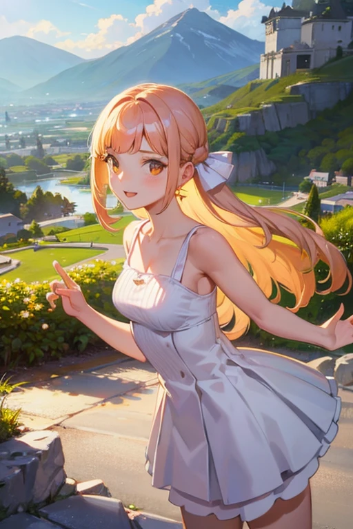 One Mature Woman、smile、Long blonde、Hair between the eyes、Braid、(Green rip sweater)、Cape、Pencil Skirt、Hair blowing in the wind、Brush your hair up、Dancing in the Wind、Petals flutter、Staring at flowers、Sparkling eyes、beautiful、Flower Field、Crouching、Panty shot、panties、Angle from below、blue sky、