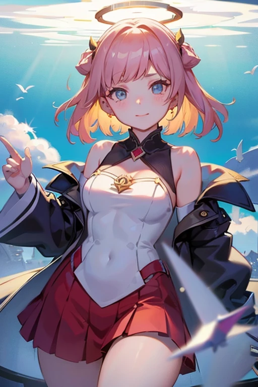 during daytime,((masutepiece)), ((Best Quality)), (Ultra-detailed), ((kawaii)),Exposed legs,Toothy smile,sexypose,Buttocks, Big breasts that are about to burst, sparkling effect, Lens Flare, shiny-glistening, masterpiece, best quality,ultra detail,pink long hair, hair ornament, hairclip, aqua eyes, town road ,best quality,best animated,masterpiece,ray tracing,1girl, sol,smile, navel, midriff,wavy hair,droopy eyes,embarrassed,brown leather armor on black hero suits,long pants,cheerful smile,cloak,battle suit, cape, no hat