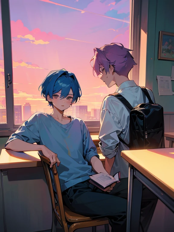 cartoon of two boys sitting at a table with a book and a backpack, ddlc, in the art style of 8 0 s anime, 9 0 s anime style, 90s anime style, in anime style, in an anime style, anime aesthetic, anime vibes, 9 0 s anime aesthetic, 9 0 s anime art style, lofi boy, typical anime classroom, beautiful background window, two cute boys, beautiful faces, two boys, don't extra hands, NO extra hands, generate two boys with NO extra hands, NO extra arm