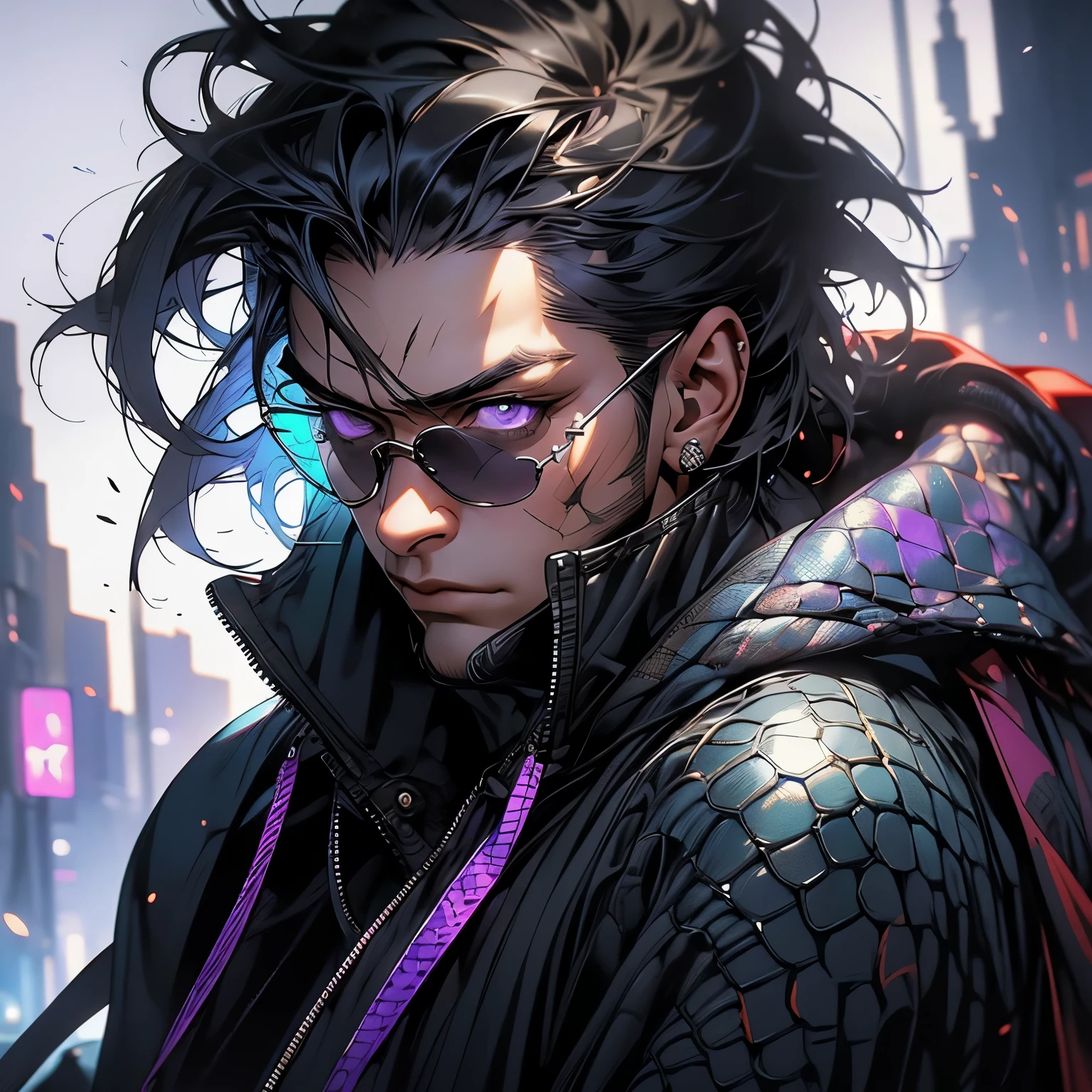 Young Male, Assassin, Hood, White Coat, White Shirt, Cyberpunk, Handsome, Dark Skin, ((Draconic Scales)), Reptilian Arms, Black Hair, ((Shorthair)), Purple Eyes, Scars, Menacing, Slim, 3D, Cinematic Lights, Vibrant Colors, Realistic, Tokyo City, Very Detailed, HD, 8K, Masterpiece, HDR
