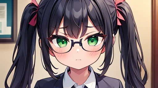 masterpiece,highest quality,wonderful,finely,High resolution,1 girl, big breasts,(furrowed brow:1.3), black hair, glasses, green eyes, twin tails, full body