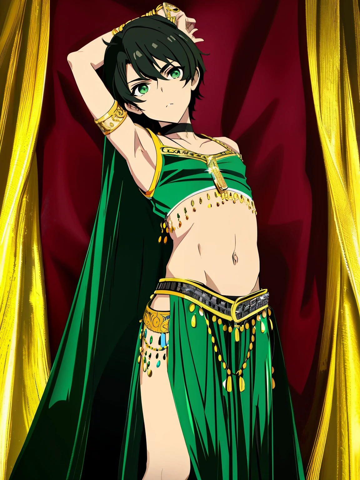 Highres, Masterpiece, Best quality at best,Best Quality,hight quality, hight detailed, Anime style, (little boys), (armpit), view from front, black choker, Egyptian belly dancer, midriff, dancer, Green belly dancer , (very young boy), (very small and short body)