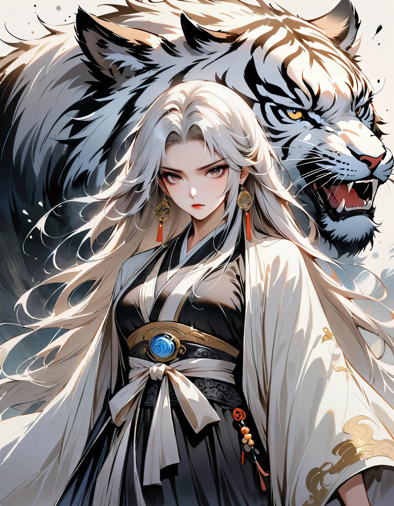 (masterpiece, best quality:1.2), 1 girl, alone,two-dimensional,Astonishing,Inspired by the myths and legends of Guilin, China:Liu Sanjie,A bust of a woman long white hair,black eyes, a woman, A cloak over his head, metal jewelry, Serious expression, attack action, bow your head, hanfu, black clothes, eyes cold, loose hair, (ink smudges) beautiful figure painting, Clothing black and white ink style, Delicate skin tone, watercolor, soft, martial arts style, ethnic style, Exquisite and beautiful face, sash, keen vision,black theme,The ferocious beast behind,tiger,body movements,whole body,shoe,sock