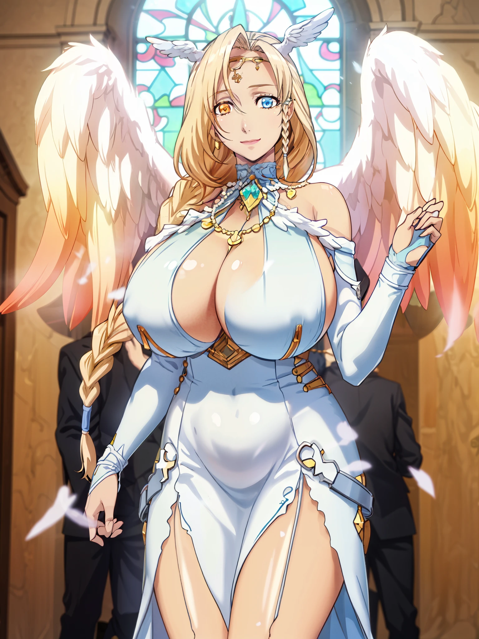 sarielx, dramatic lighting, god rays, Off-the-shoulder white wedding dress, Snow White Veil, choker, silver tiara, necklace, earrings, angel wings, head wings, vitril, stained glass, standing, angel, wings, (cathedral background), anime cels style, best quality, high resolution, 1girl, (huge breasts:1.2), beautiful face, cowboy shot, heterochromia, braided ponytail, braided bangs, smiling, looking at viewer