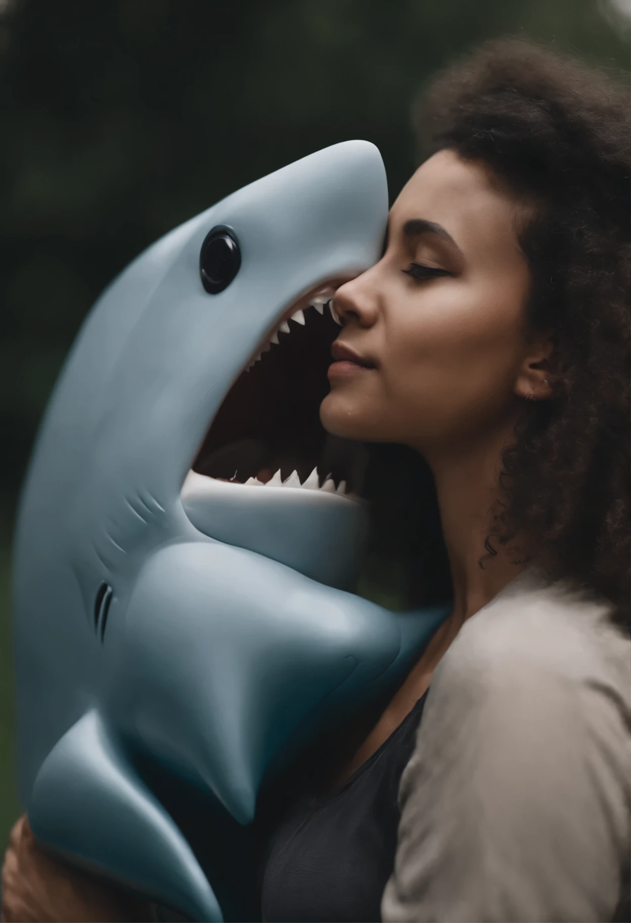 Furry, shark girl, black body, blue hair, shark tail, hugging inflatable orca, large breasts