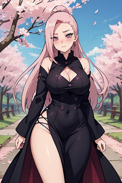 A pink haired woman with violet eyes and an hourglass figure in a conservative gothic Naruto style outfit is blushing in a flurry of cherry blossoms
