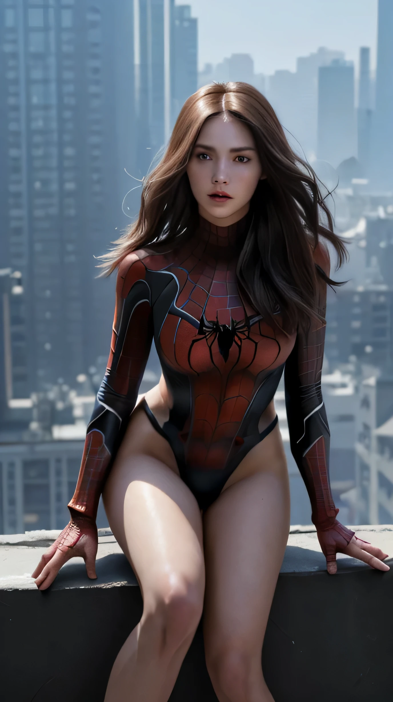 (1girl:1.3), Solo, (((Very detailed face)))), ((Very detailed eyes and face)))), Beautiful detail eyes, Body parts__, Official art, Unified 8k wallpaper, Super detailed, beautiful and beautiful, beautiful, masterpiece, best quality, original, masterpiece, super fine photo, best quality, super high resolution, realistic realism, sunlight, full body portrait, amazing beauty, dynamic pose, delicate face, vibrant eyes, (from the front), She wears Spider-Man suit, red and black color scheme, spider, very detailed city roof background, rooftop, overlooking the city, detailed face, detailed complex busy background, messy, gorgeous, milky white, highly detailed skin, realistic skin details, visible pores, clear focus, volumetric fog, 8k uhd, DSLR, high quality, film grain, fair skin, photo realism, lomography, futuristic dystopian megalopolis, translucent