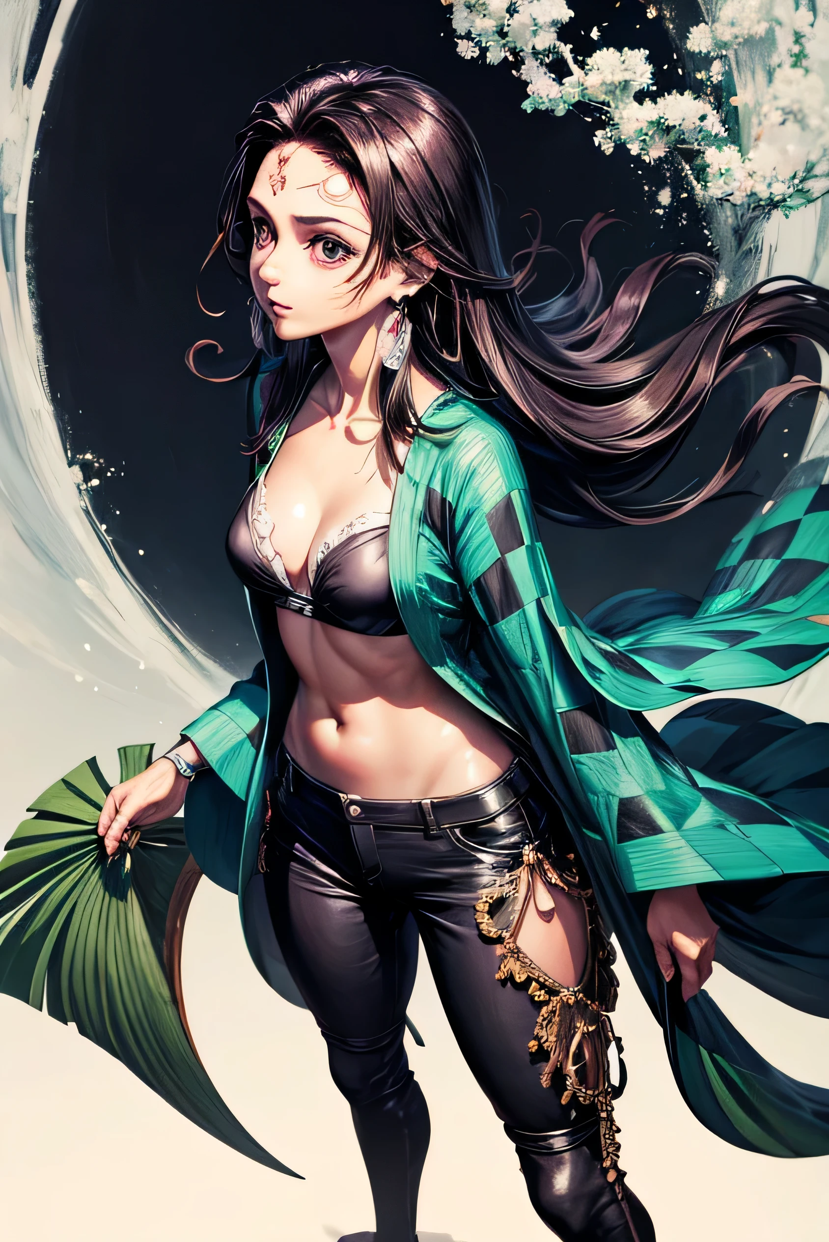 (obra de arte), Melhor qualidade, olhos expressivos, rosto perfeito, high resolution, (Feminino1.5), 1 garota, Sozinho,(Tanjiro), (Roupa Original), (cicatriz,cicatriz on forehead, Roupas xadrez, 1 garota, cabelo vermelho), (longos cabelos ruivos),(casaco xadrez preto e verde),(black pants), Fundo de fantasia, standing, retrato da parte superior do corpo, olhando para o espectador,