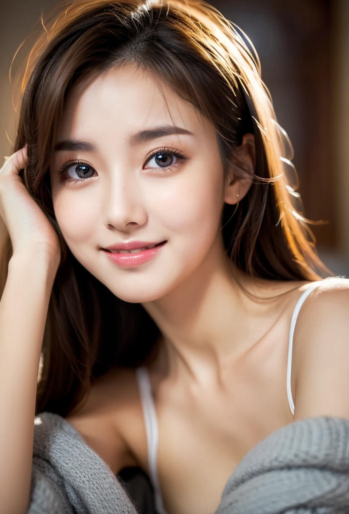 table top, highest quality, shape, Super detailed, finely, High resolution, 8k wallpaper, 完璧なダイナミックな構shape, beautiful and detailed eyes, winter dress,medium hair, small , natural color lip, random  pose,smile,、20 year old girl、midnight、Beautiful and dense face、perfect and beautiful face,Big eyes、Raw photo、spread your arms and legs wide、Express your best mood with your whole body、beautiful and detailed eyes、small face、beautiful duplex、slim face and style,blur the background
