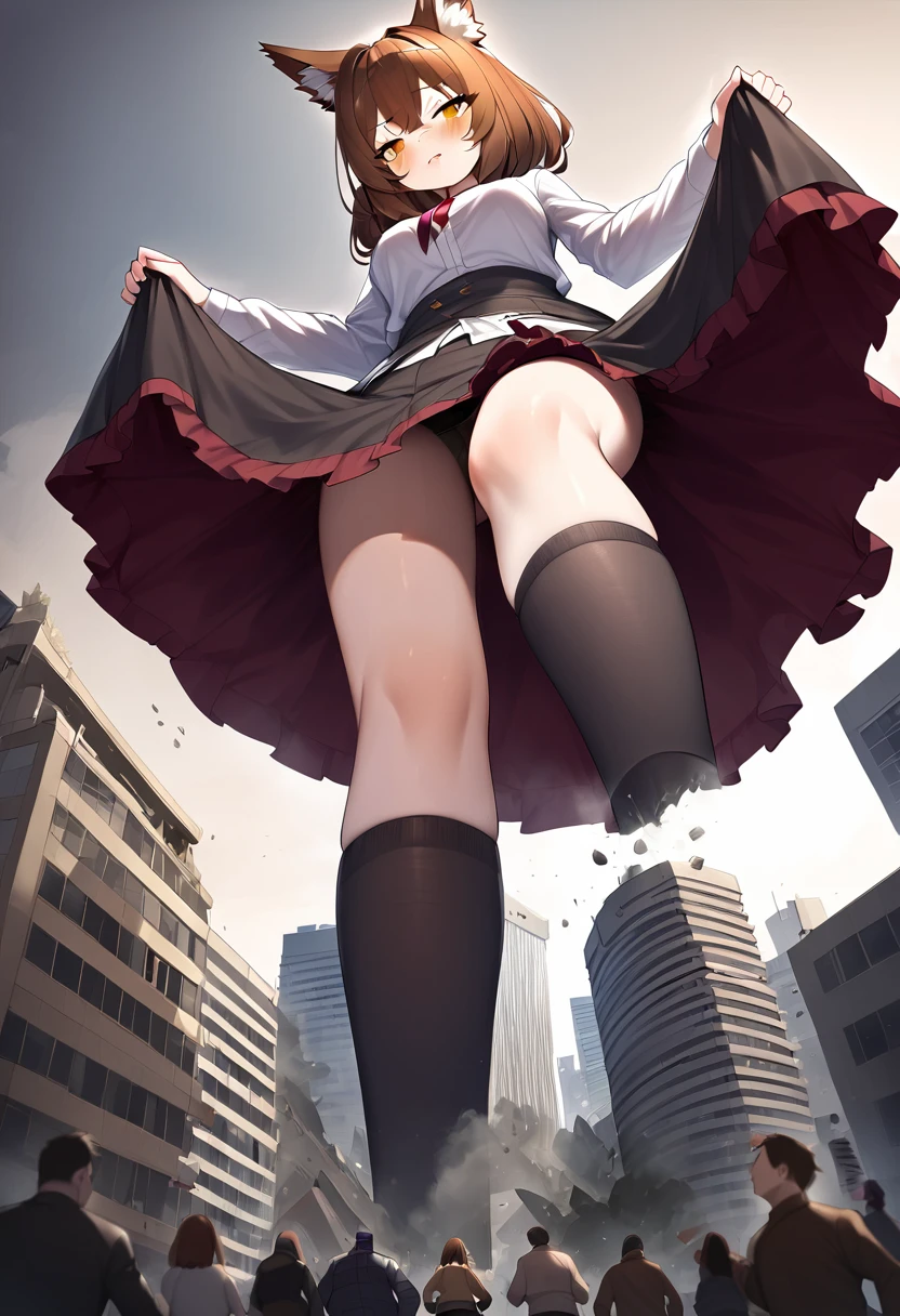 huge，brown hair，fox ears，Teenage girl，short skirt，Teasing the villain，A giant girl taller than a building，Wearing black knee socks，city-destroying，miniature city，lifting one&#39;s feet，Ready to stampede，Toyed around，low angle of view，shrouded in the villain，Lifted up the skirt，arrogant
