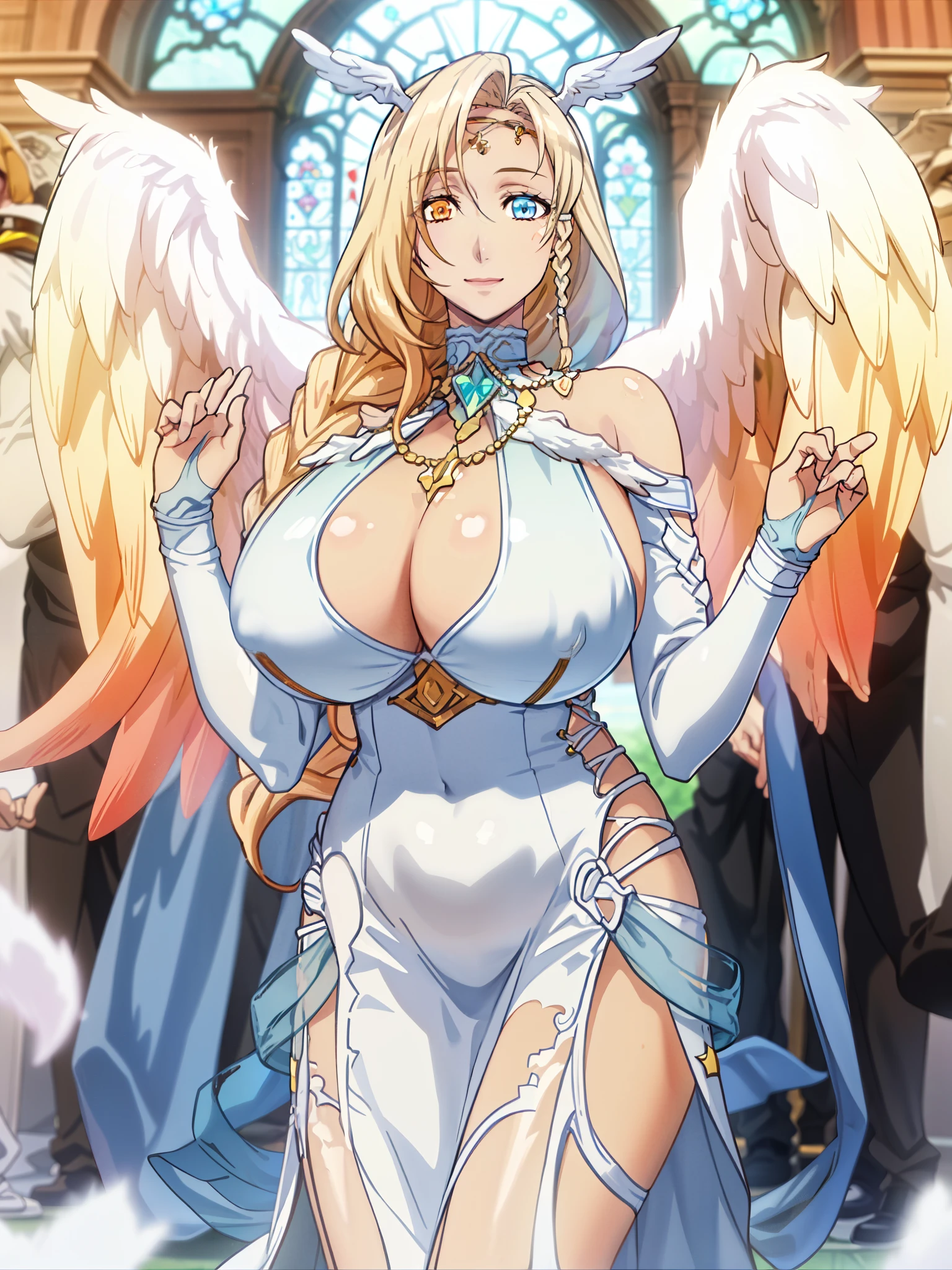 sarielx, dramatic lighting, god rays, Off-the-shoulder white wedding dress, Snow White Veil, choker, silver tiara, necklace, earrings, angel wings, head wings, vitril, stained glass, standing, angel, wings, (cathedral background), anime cels style, best quality, high resolution, 1girl, (huge breasts:1.2), beautiful face, cowboy shot, heterochromia, braided ponytail, braided bangs, smiling, looking at viewer