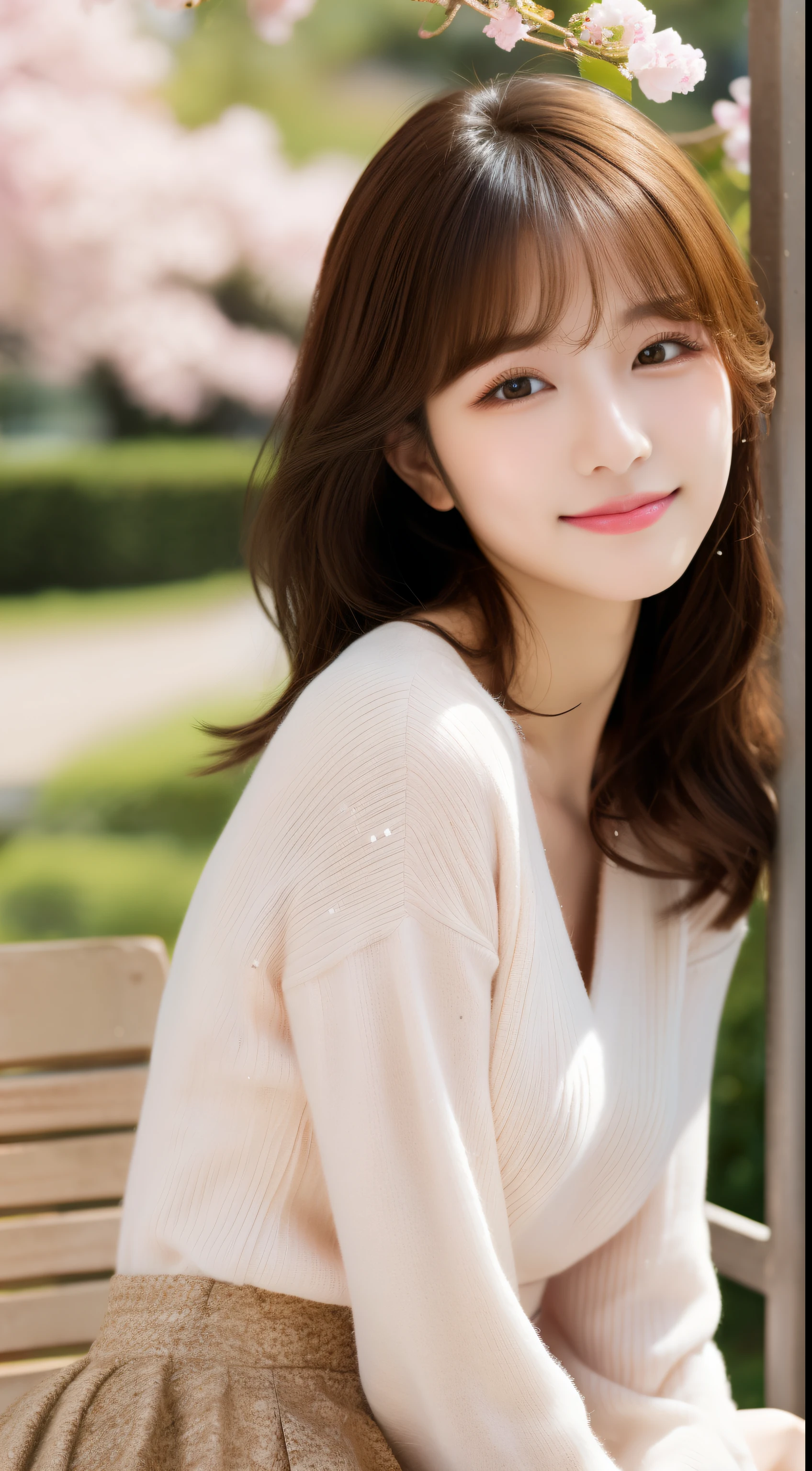 ulzzang-6500-v1.1,(Masterpiece, BestQuality:1.3),(table top:1.3), High resolution, super detailed, very detailed,8k wallpaper, realistic, Photoreal, RAW photo, BREAK Solo、japanese women, 20-year-old、beautiful face,cute, beautiful and detailed face, Open your mouth slightly and smile, detailed eye description, white skin, realistic glitter skin, (brown hair、long hair,detailed hair texture, With bangs),Light makeup, looking at camera,medium breasts, acura, anatomically correct, very detailed face and skin texture, natural neck length, wool sweater、tight sweater,fine cloth texture,mini skirt、Cherry blossom trees,Harajuku