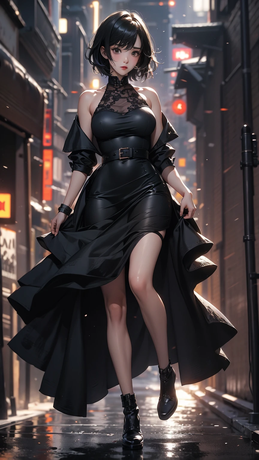 ((Highly detailed CG unit 8k wallpaper, masterpiece, High resolution, highest quality, highest qualityのリアルテクスチャスキン)), ((A woman posing facing forward:1.5, A cool NY fashion girl influenced by nostalgic and inorganic mode fashion., detailed costume:1.4, Coordination of black lace layered maxi skirt and military jacket:1.3, Asymmetrical short hair, Nana Komatsu)), (((blurred background, An empty back alley in New York))), Close-up, hyper realistic, digital painting, concept art,