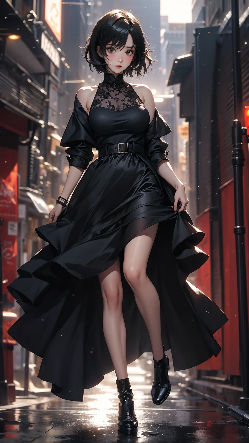 ((Highly detailed CG unit 8k wallpaper, masterpiece, High resolution, highest quality, highest qualityのリアルテクスチャスキン)), ((A woman posing facing forward:1.5, A cool NY fashion girl influenced by nostalgic and inorganic mode fashion., detailed costume:1.4, Coordination of black lace layered maxi skirt and military jacket:1.3, Asymmetrical short hair, Nana Komatsu)), (((blurred background, An empty back alley in New York))), Close-up, hyper realistic, digital painting, concept art,