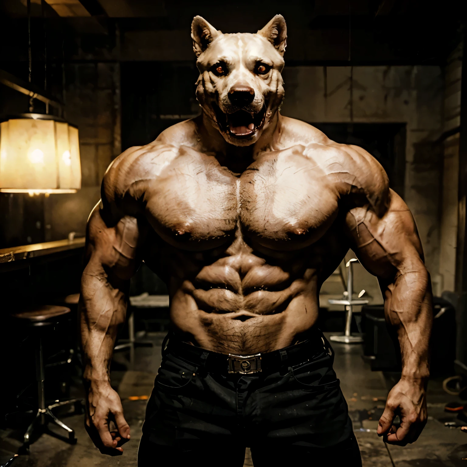 realistic, white fur, anthropomorphic animal, animal head, pitbull head, head of a dog, angry dog, mean looking, menacing stare, evil, villainous, growling, snarl, huge teeth, sharp teeth, scary, horror, terrifying, horrifying atmosphere, dark, brooding, pitbull, strong, bodybuilder, muscular, huge muscles, fighting pose, shirtless, looking to the side, red shorts, grumpy, high definition, biceps, abs, pec, rugged pectoral, 6-pack, 8-pack, 12-pack, huge biceps, martial artist, hellhound, scary face, demonic