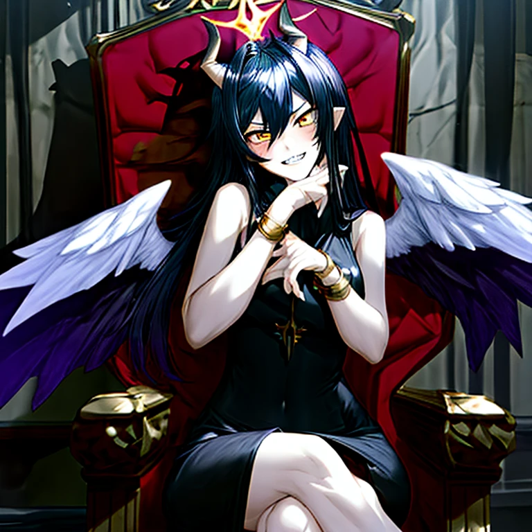 Masterpiece, Improved quality, High quality, Good anatomy, Well-formed hands, Healthy body, Intact fingers, Normal digits, 4k quality image, girl, gold sheep's horns, vampire teeth, white owl wings, sleeveless black dress, white hair, long back hair, she grinning, she have angry face, gold bracelet on both hands, she sit on the huge black stone throne, in the throne room, dark halo angel, magic spell, flag on wall back throne,