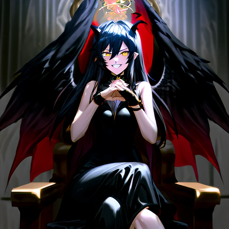 Masterpiece, Improved quality, High quality, Good anatomy, Well-formed hands, Healthy body, Intact fingers, Normal digits, 4k quality image, girl, gold sheep's horns, vampire teeth, white owl wings, sleeveless black dress, white hair, long back hair, she grinning, she have angry face, gold bracelet on both hands, she sit on the huge black stone throne, in the throne room, dark halo angel, magic spell, flag on wall back throne,