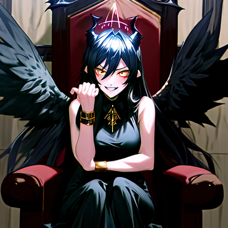 Masterpiece, Improved quality, High quality, Good anatomy, Well-formed hands, Healthy body, Intact fingers, Normal digits, 4k quality image, girl, gold sheep's horns, vampire teeth, white owl wings, sleeveless black dress, white hair, long back hair, she grinning, she have angry face, gold bracelet on both hands, she sit on the huge black stone throne, in the throne room, dark halo angel, magic spell, flag on wall back throne,