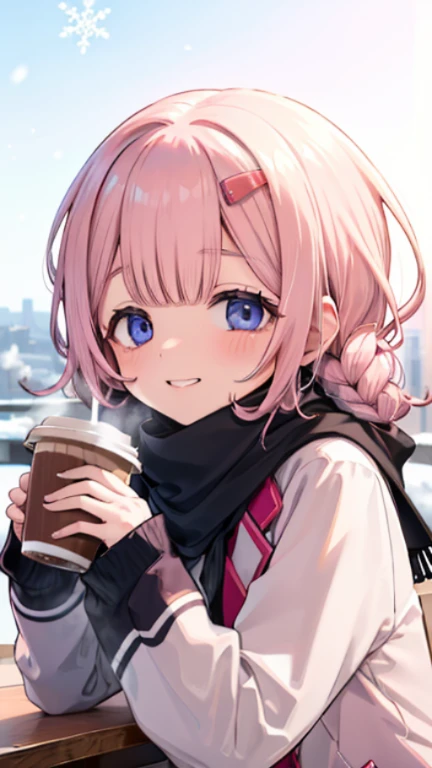 、Peep、A sneak peak、Shyness、blush、embarrassing、blush、peak、High resolution、Full HD、8K quality、、wear a coat、snow原、snow像、snow、cold、scarf、scarfを巻く、降snow、Terrace seats、sit、cafeteria、meeting、droopy eyes、upper grade、peek from below、high perspective、Look at top left、stare、、highlight on eyes、lively eyes、clear eyes、Beautiful eyes、Holding the drink with both hands、coffee、coffeeカップ、sneak talk、whisper、whisper、laugh at、grin