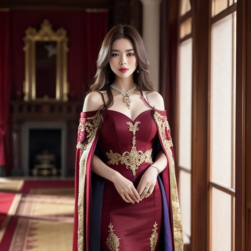 A woman stands casually in a dimly lit room of a manor. Smooth, long scarlet hair, a cape of soft yellowish-brown feathers on her shoulders, a tight-fitting dress made of burgundy fabric, decorated with embroidered patterns of red threads, a slit, a neckline, gold jewelry with filigree and precious stones adorn her neck. and waist, sly grin, burgundy lipstick