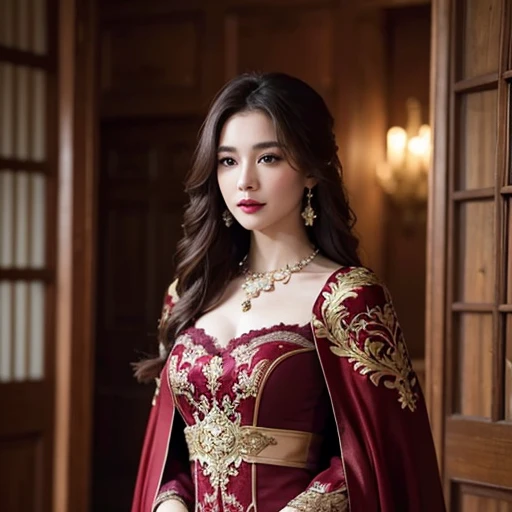 A woman stands casually in a dimly lit room of a manor. Smooth, long scarlet hair, a cape of soft yellowish-brown feathers on her shoulders, a tight-fitting dress made of burgundy fabric, decorated with embroidered patterns of red threads, a slit, a neckline, gold jewelry with filigree and precious stones adorn her neck. and waist, sly grin, burgundy lipstick