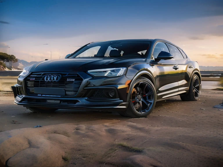 um close de um Audi Suv preto estacionado em uma praia, vehicle photography, fotografia automotiva, editado, fotografia comercial de carro, automatic photography, fotografia de carro, filmado em canon eos r5, cinematic front shot, filmado em canon eos r5, filmado na hora dourada, twilight scenery, plano ultra amplo, ar 9 cinematic shooting:16 -n 6 -g