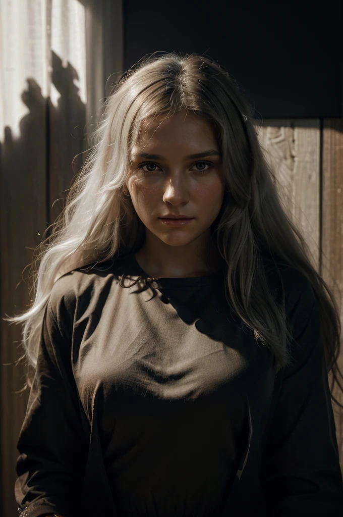 Hyperrealist portrait of female by david hockney and alphonse mucha,fantasy art, photo realistic, dynamic lighting, artstation, poster, volumetric lighting, very detailed faces, 4 k, award winning,, 1girl, in the dark, deep shadow, low key,cowboy shot,(official clothing:1.4) ,long hair,white hair,