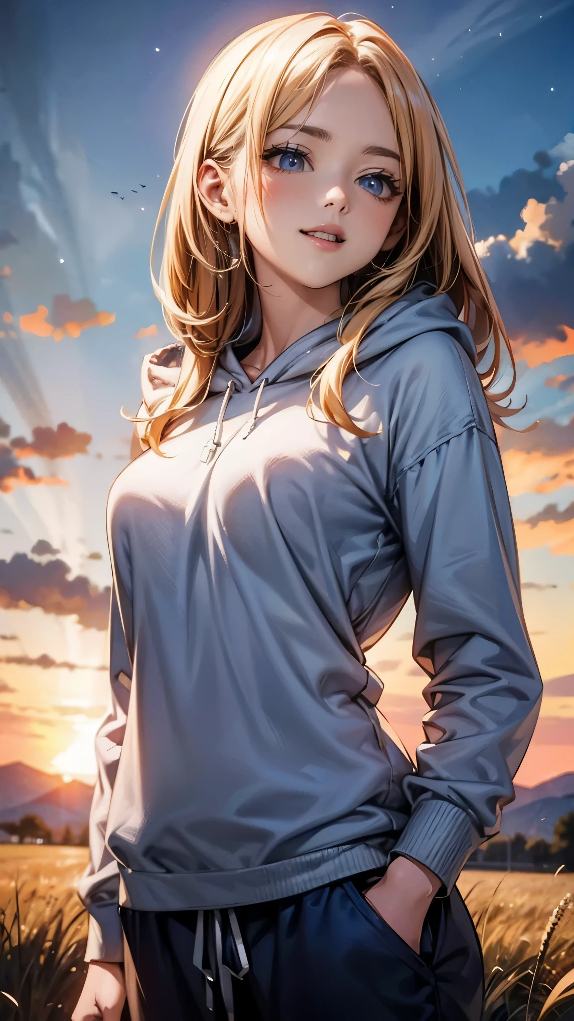 This magical sight、first、Beautiful landscapes depicted in ultra-high resolution。It's like a realistic painting、8K resolution ensures every detail is captured。The scene is filled with HDR sparkle and cinematic lighting.、In the middle ground stands a beautiful woman with a perfect feminine figure.。She has a mature charm、Standing in a natural pose、He has one hand on his head and is looking at the viewer.。In the background is a grassy field.、It beautifully wraps around the whole landscape.。Her medium-length blonde hair fluttered in the breeze、I'm wearing hooded jogger pants、That bright smile outshines any outfit.。