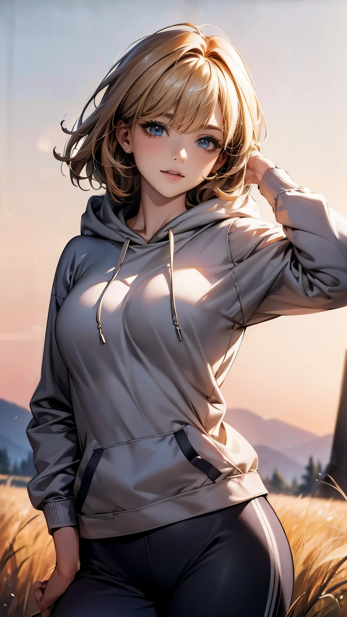 best quality, masterpiece, 8k, photmrealistis, ultra high resolution, an extremely delicate and beautiful, HDR, cinematic lighting, medium shot, portrait, perfect female body, beautiful woman, mature female, contrapposto, hand on the head, looking at viewer, grass field, medium hair, blonde harr, hoodie, jogger pants, cheerful,