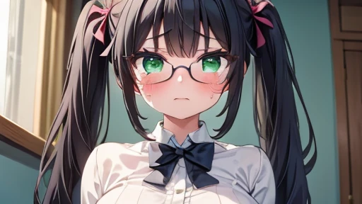 masterpiece,highest quality,wonderful,finely,High resolution,1 girl, big breasts,(sobbing:1.3), black hair, glasses, green eyes, twin tails, full body