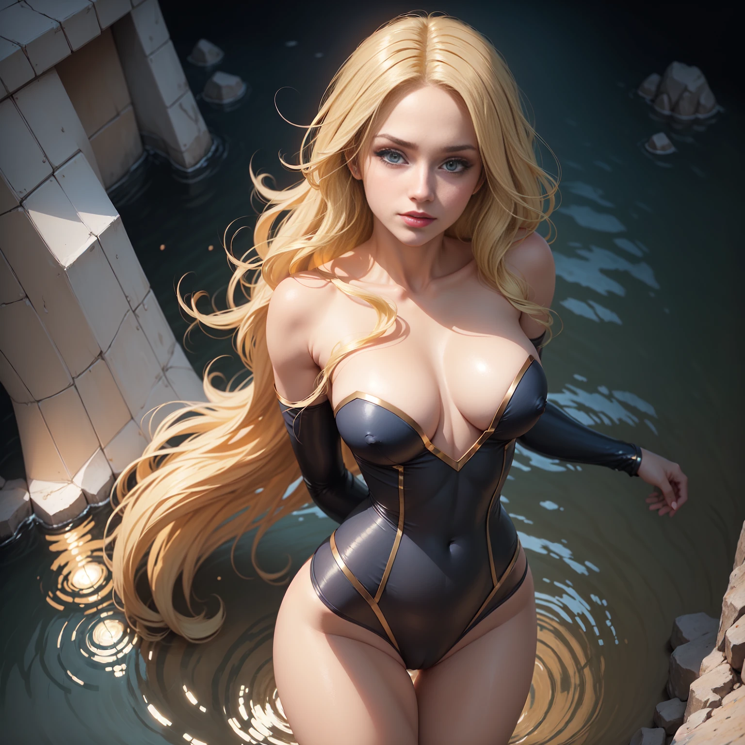 Supergirl, olhos azuis, blonde hair, Cabelos Longos, (blonde girl:1.5), dentro de um lago, banhos noturnos, (moon ligth):1.4, (Realistic:1.2), Partially underwater shooting, (Realismo:1.2), (master part:1.2), (best quality), (Ultra Detalhado), (8k, intrincado), (85 millimeters), light particles, The lighting, (altamente detalhado:1.2), (rosto detalhado:1.5), (Gradientes), SFW, Colouring, (olhos detalhados:1.5), (Antecedentes detalhados), (Dynamic angle:1.2), (dynamic pose:1.2), (regra de terceiro_compositing:1.3), (action line:1.2), Arremesso longo, luz noturna, sozinho, (very tight clothes detailing gorgeous breasts and shaved pussy):2, cameltoe:1.5.