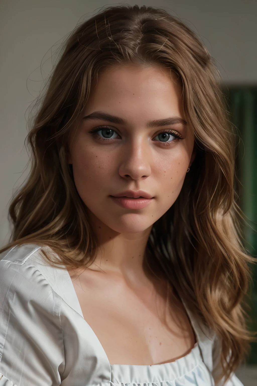 photo instagram, portrait of beautiful teenage Lithuanian model, wavy brown hair with blonde highlights, yeux verts, heavily tanned textured skin, Shirt with puffed sleeves, big lips (8K, Photo brute, best quality, chef-d'artwork: 1.2), (Realistic, photoRealistic: 1.37), Ultra detailed, (highly detailed skin: 1.2), 8K uhd, DSLR, soft lighting, high quality, grain de film, Fujifilm XT3, Professional lighting, Very detailed, mise au point ultra nette Sony FE 55mm f/1.8 POUR, Moviecam Compact MK2