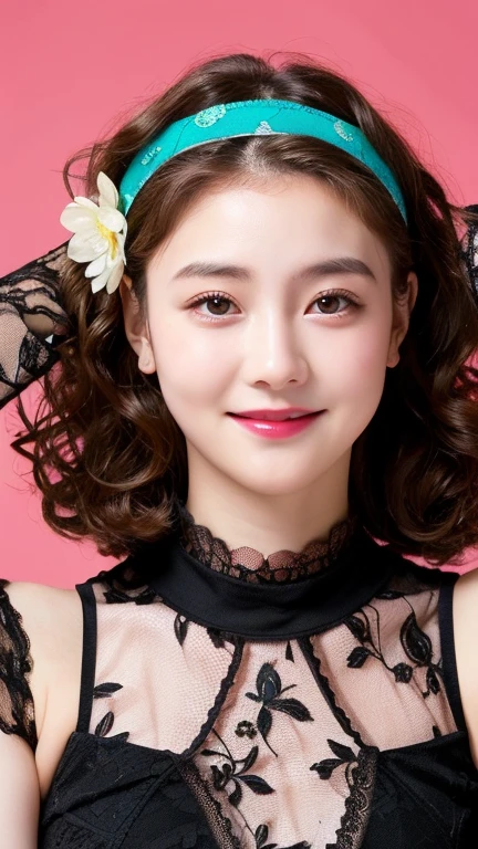 highest quality、shape、 Super detailed、finely、 High resolution、8k wallpaper、perfect dynamic composition shape、17 year old beautiful girl、A neat and mature high school girl、detailed beautiful face、detailed beautiful eyes、rough skin、faint smile、small breasts、bold sexy pose、((Black lace clotheedium hair:1.4))、((looking at the viewer、Smile))、((beautiful eyes、Beautiful curly hair:1.3)), hairband