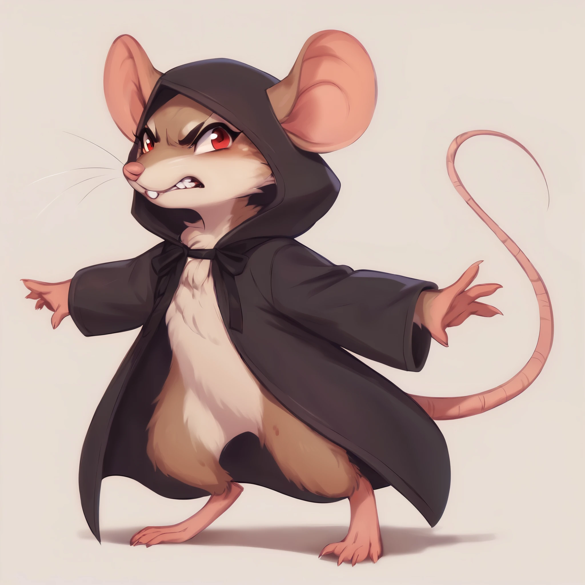score_9, score_8_up, score_7_up, score_6_up, score_5_up, score_4_up, show accurate, full body, hungry body, simple background, (solo), (semi anthro), mouse, female mouse, fur body, ultra fine fur, standing, red eyes, ((light brown dull fur)), determined look, hairless, bald, black color open cape, hood on,