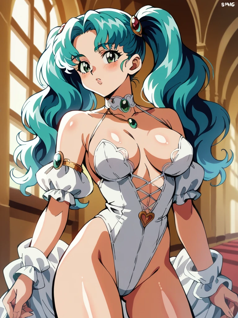 (by yag:1.1), score_9, score_8_up, score_8, source_anime, retro anime style, 
1girl, intricate high detailed body, loli_face, 
aqua hair, (forehead, hair slicked back:1.1), twintails, wavy hair, 
green eyes, cute lips, 
slender, large breasts, 
neckwear, white lace leotard with sleeves, 
jewelry, accessories, 
ennui, sexy face, 
sexy pose, 
cowboy shot, 
indoors, castle