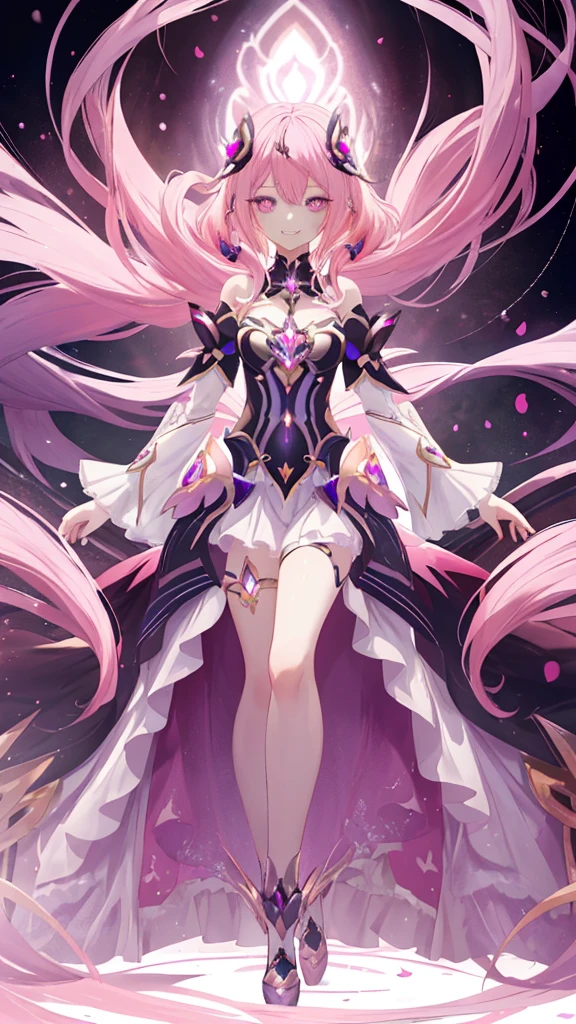 (full body),Elysia \(Honkai Impact\), Elysia, Portrait of the face of a girl, high detail, 1 girl, pink hair, pink eyes, shining eyes, detailed iris, fine eyes, bright pupils, look down, camera angle is low, clenched teeth, open your mouth, smile, hard lighting, hair ornaments, costume