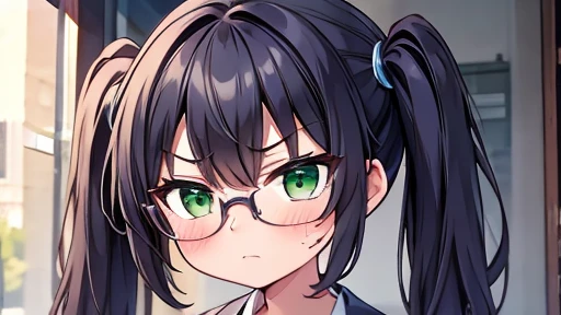 masterpiece,highest quality,wonderful,finely,High resolution,1 girl, big breasts,(scowl:1.3), black hair, glasses, green eyes,twin tails, full body