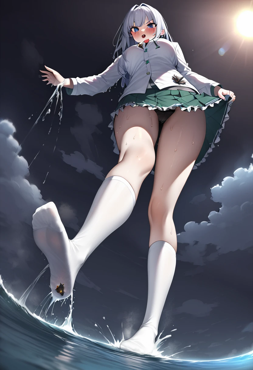 huge， girl，short skirt，teasing，A giant girl taller than a building，Standing in the sea，Wet，The sea water is not up to my calves，Wearing white knee socks，Destroy the port，Miniature Port，lifting one&#39;s feet，Ready to stampede，Toyed around，low angle of view，shrouded in the villain，Lifted up the skirt，arrogant
