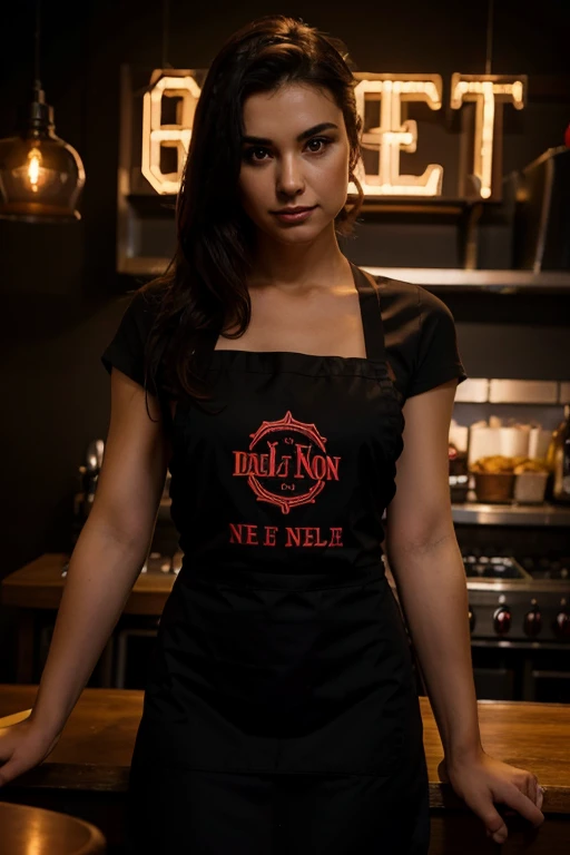a waitress in a black apron with red lettering on a dark background. for advertising