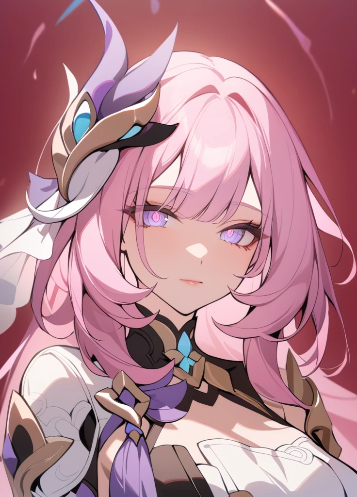 masterpiece, highest quality, 1 girl, alone, looking at the viewer, bangs, Elysia, Honkai Impact, pink hair, pink eyes, long hair, nail polish, hair ornaments, raise your hand, flower, blunt bangs, closed mouth, tassel, portrait, colorful, red background, frills, colorful hair, Upper body, nail