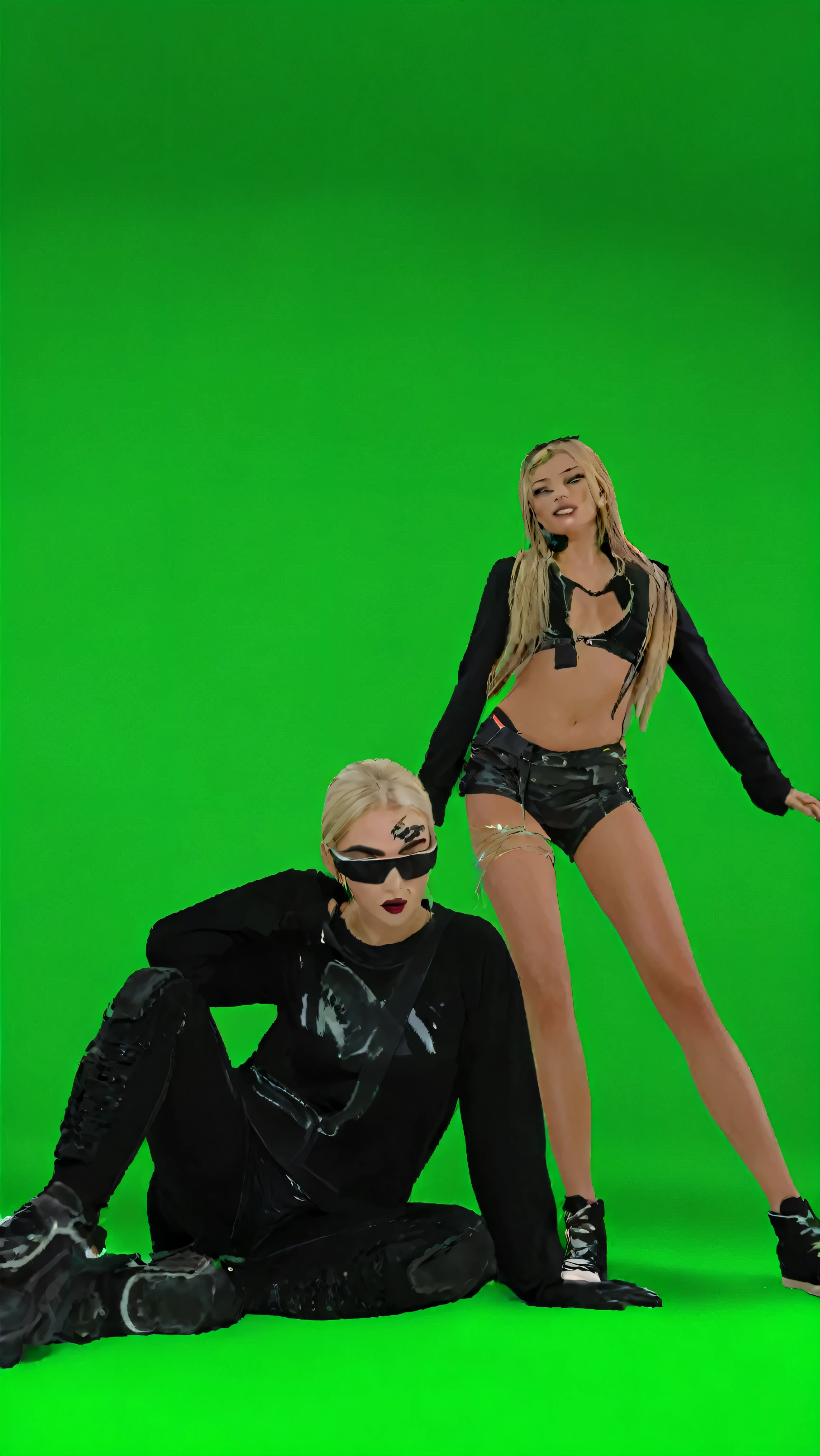 hay dos personas posando para una foto sobre un fondo verde, pantalla verde, oveja, avatar de segunda vida, pantalla verde background, ! Escena de pelicula, dancing in el fondo, e-chica, and - girl, suave en _ el fondo, pose de pareja, style is a blend of æon flux, realizando un video musical, una pose, segunda vida