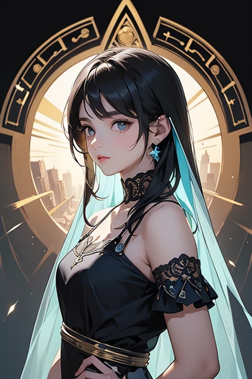 #semi-realistic, #anime style, #woman, #photorealistic, #videogame, a girl with bangs and long straight black hair steps onto an iridescent watersurface under which a portal made of crystals emerges and form transparent colorful strings of magic tiny particles floating around and she is dressed in a victorian style underdress, her cheeks are slightly glowing as if she got a fever and she is performing a jutsu to summon butterflies