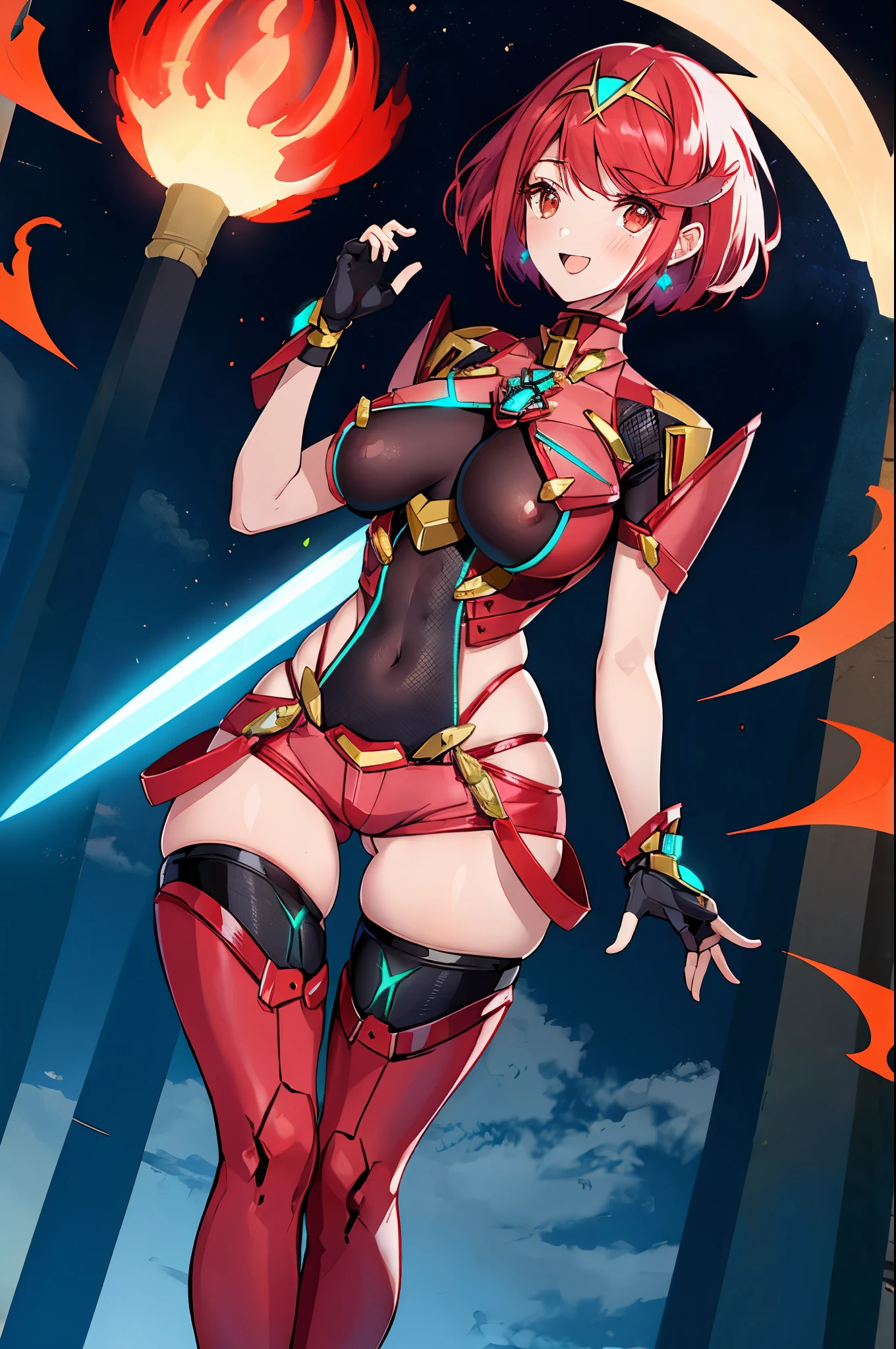 pyra \(xenoblade\), young_teen_1girl, armor, bangs, black gloves, breasts, red eyes, closed mouth, earrings, eyelashes, fingerless gloves, floating hair, framed breasts, gem, gloves, hair ornament, headpiece, jewelry, big_breasts, leaning back, leotard, neon trim, official art, pose, red hair, red shorts, saitou masatsugu, short hair, short shorts, short sleeves, shorts, sidelocks, skin tight, solo, standing, swept bangs, thighhighs, tiara, night_prairie_background, turtleneck, underbust, vambraces, xenoblade chronicles \(series\), (xenoblade chronicles 2), apart_legs, fire_effect,dynamic_pose_fighting,light_smile, (plump:1.1), big_ass,huge_sword, hold_large_sword_hilt, solo, covered_nipples, covered_pussy,open_mouth,back_view,